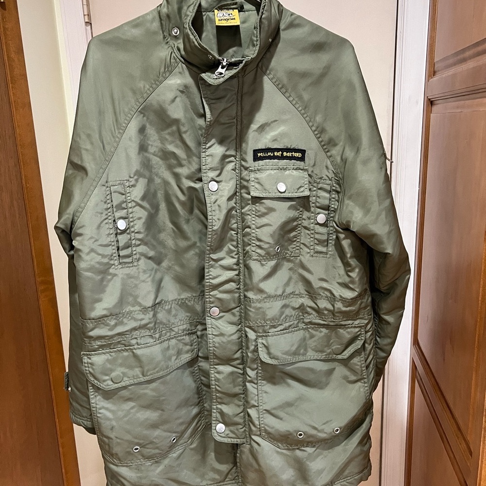 Vintage Yellow Rat Bastard NYC Olive Green Hooded Nylon Jacket Size Small